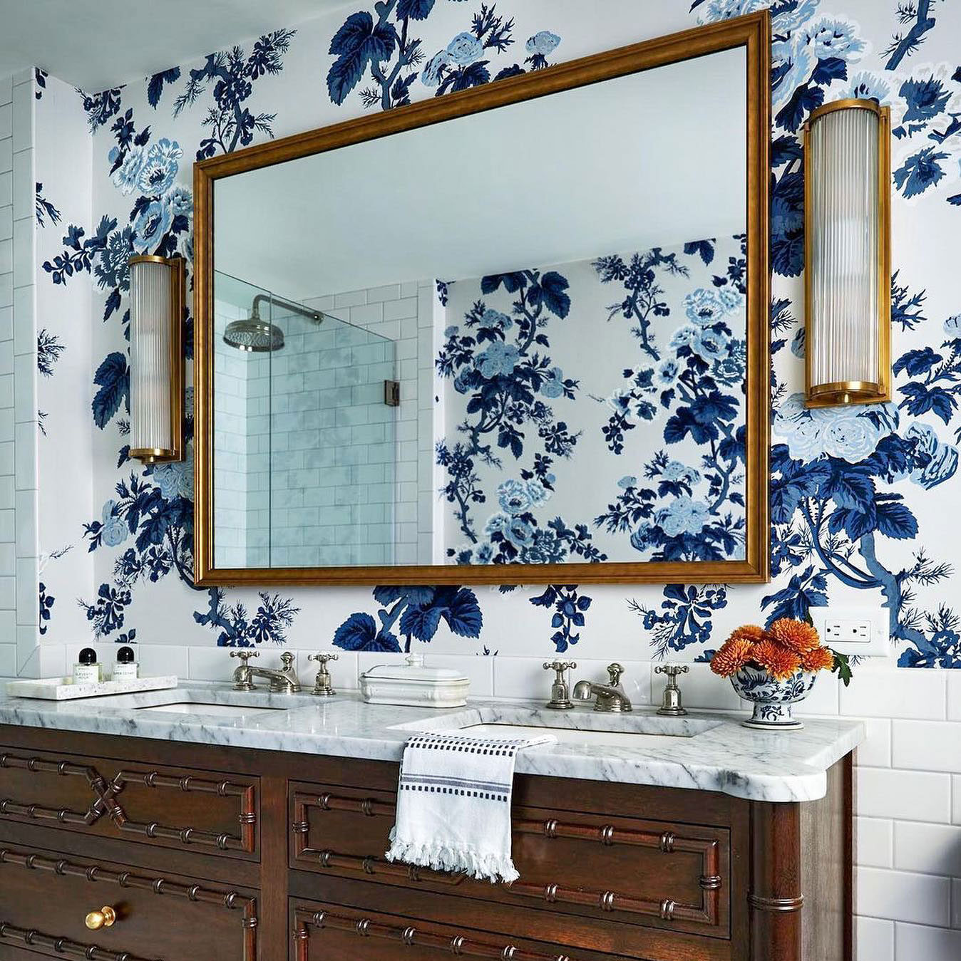 Blue Floral Bathroom Wallpaper